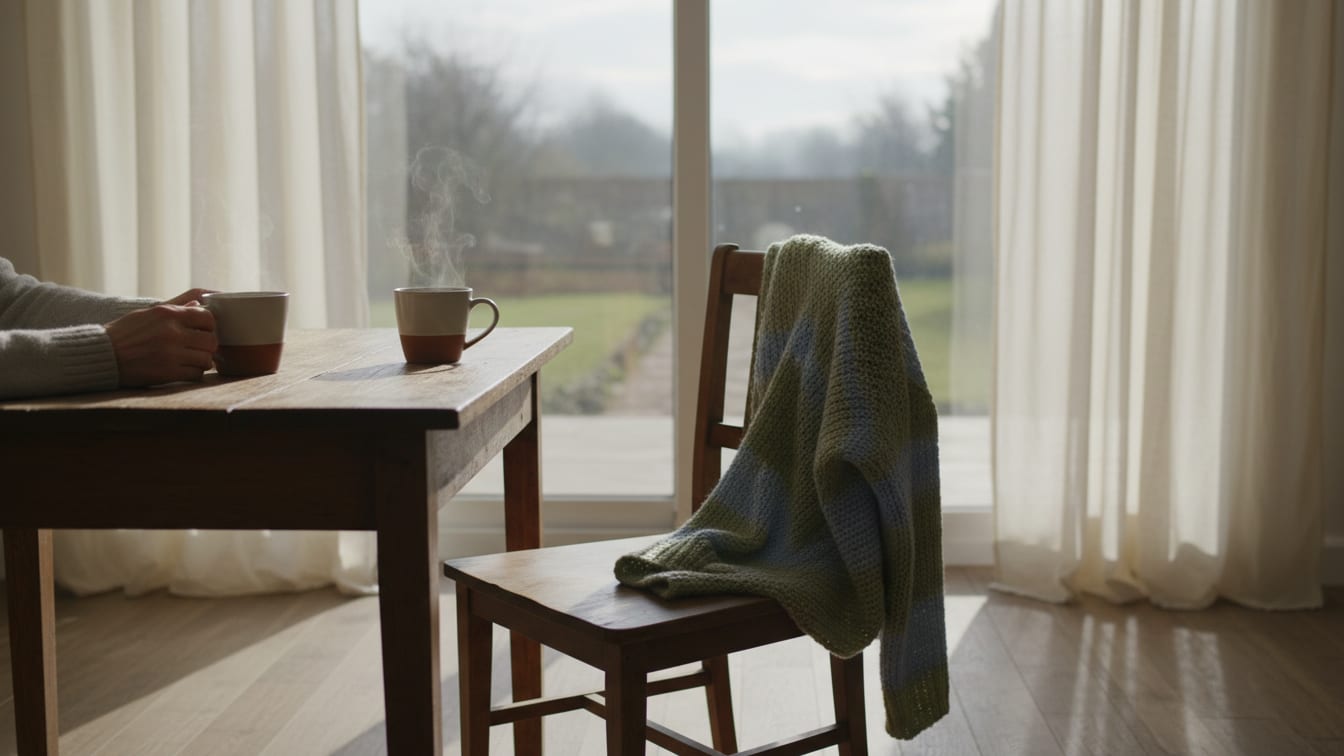 Illustration: Two mugs of tea on a wooden table by a window, a cardigan on the chair.