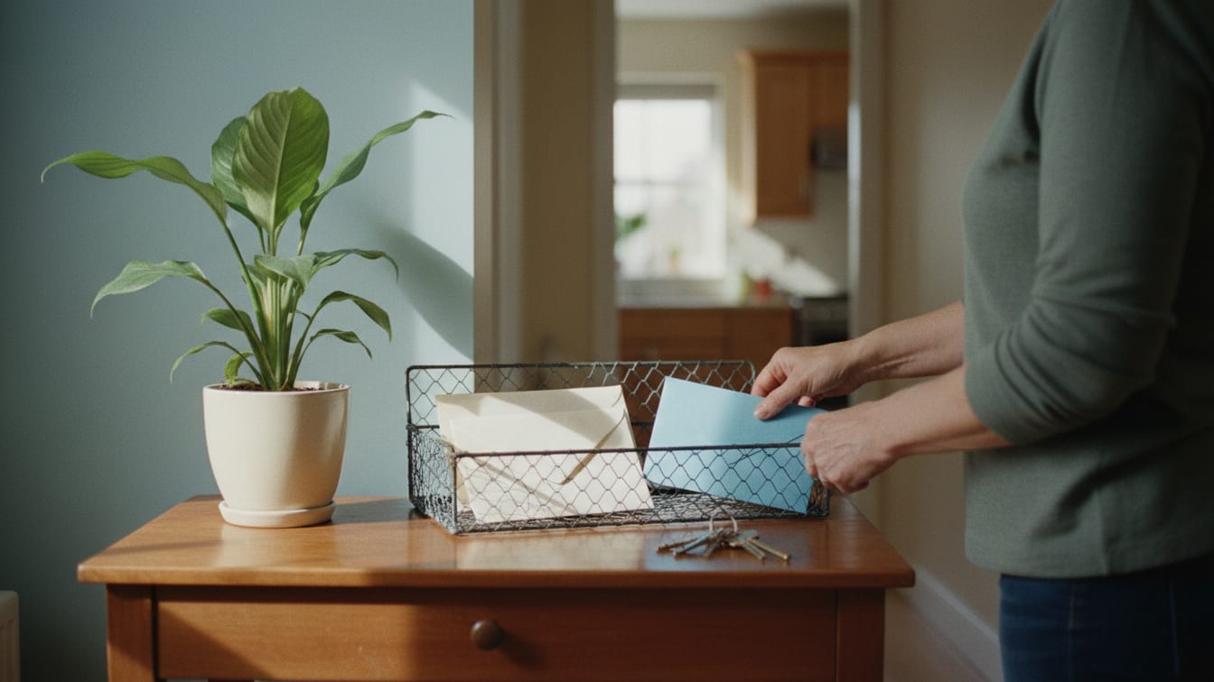 Illustration: A hallway table with a plant, a letter tray and house keys in soft daylight.