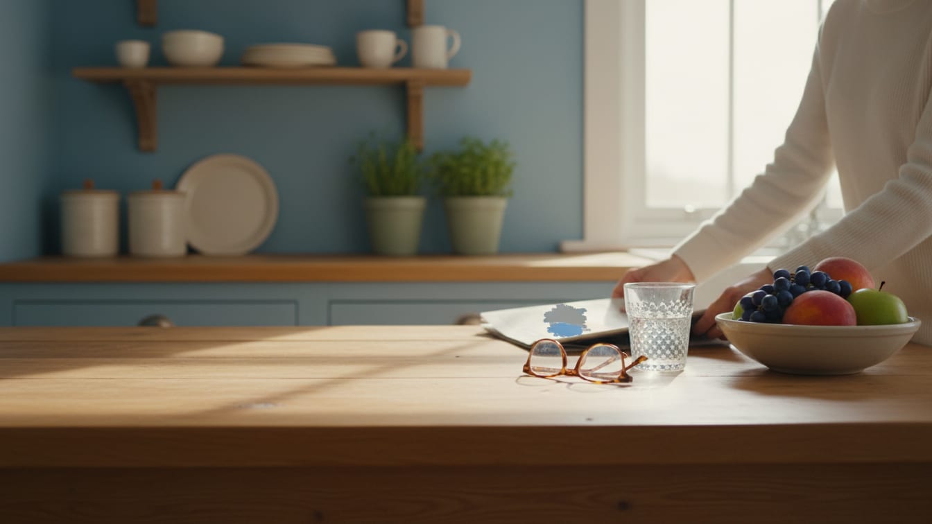Illustration: A wide sunlit kitchen table with a glass of water, a bowl of fruit and reading glasses on a folded newspaper.