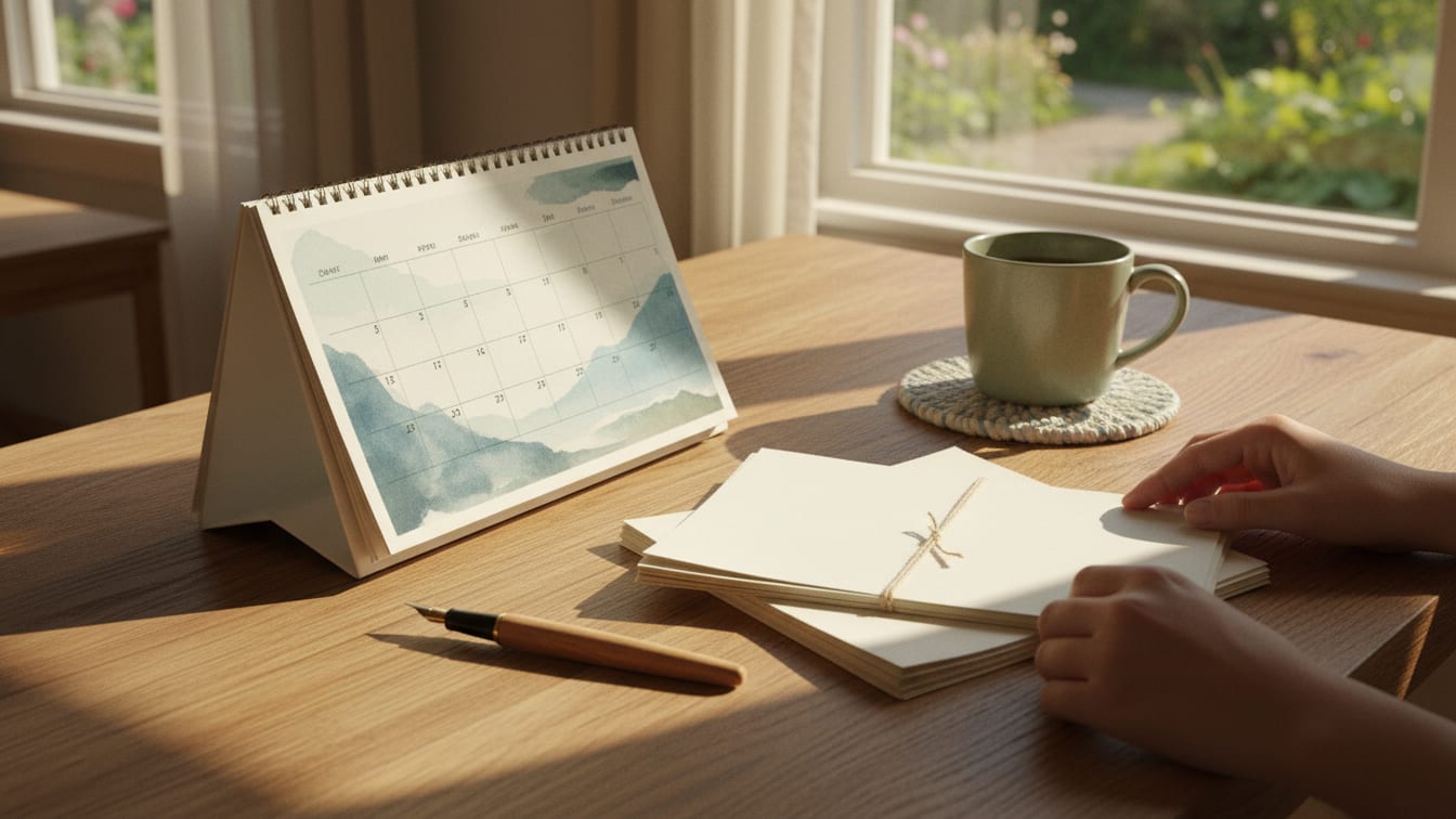 Illustration: A calm desk with a calendar, a pen and a stack of paper (no readable text) in warm light.