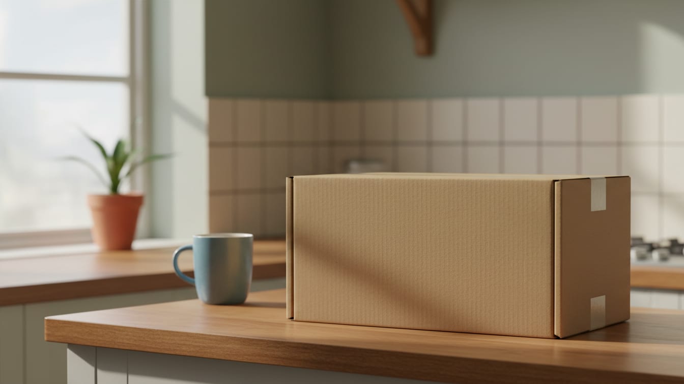 Illustration: An empty, unbranded cardboard shipping box on a warm wooden kitchen counter in soft natural light.