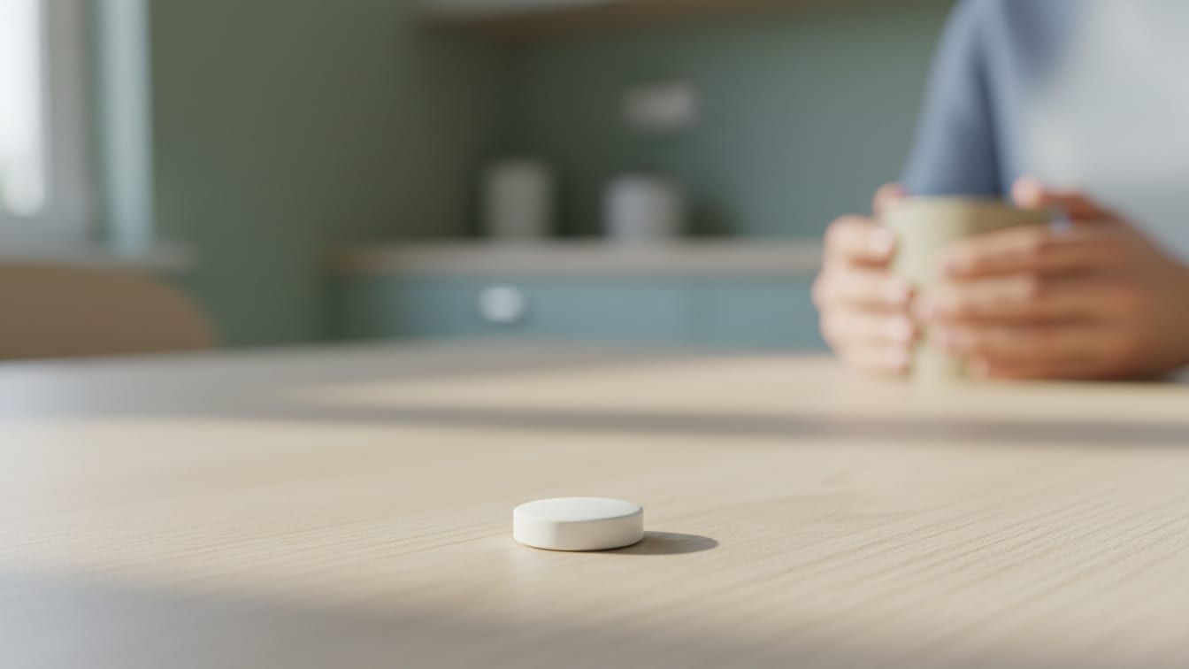 Illustration: A white pill on a light wooden surface in soft, natural light.