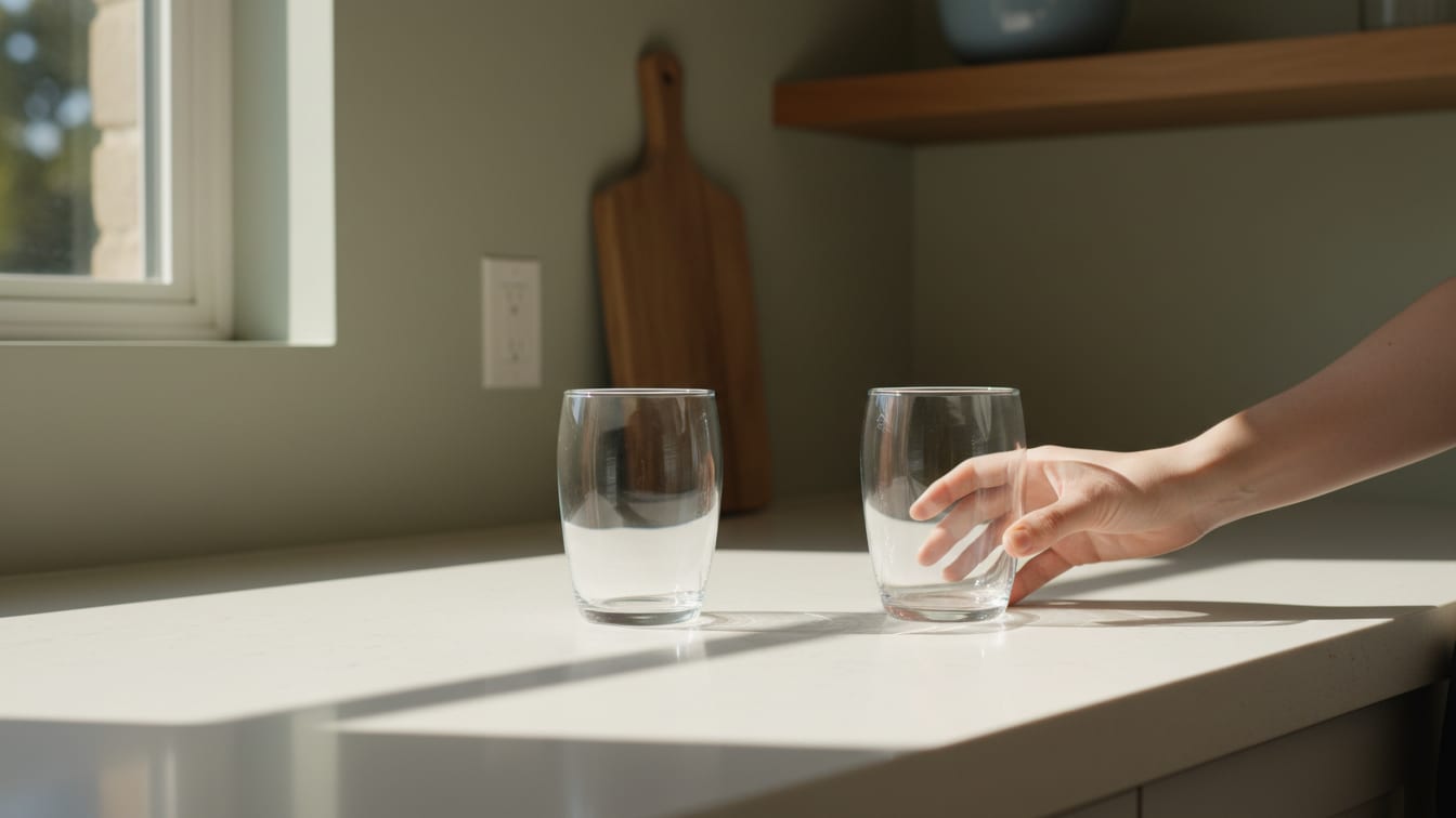 Illustration: Two empty glass tumblers on a kitchen counter in natural light.