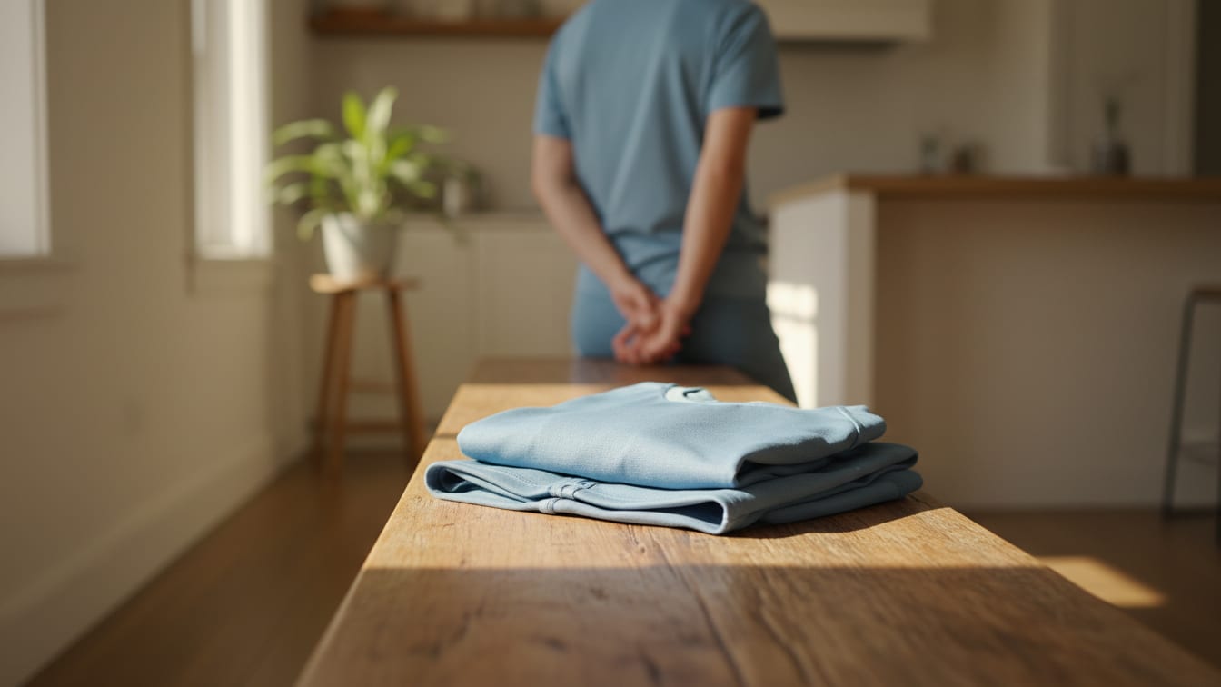 Illustration: Folded blue workout clothes on a wooden bench, lit by morning light.
