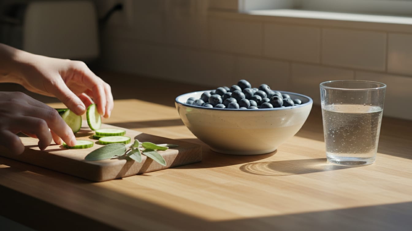Illustration: A kitchen counter with blueberries, a glass of water, and cucumber slices in soft morning light.