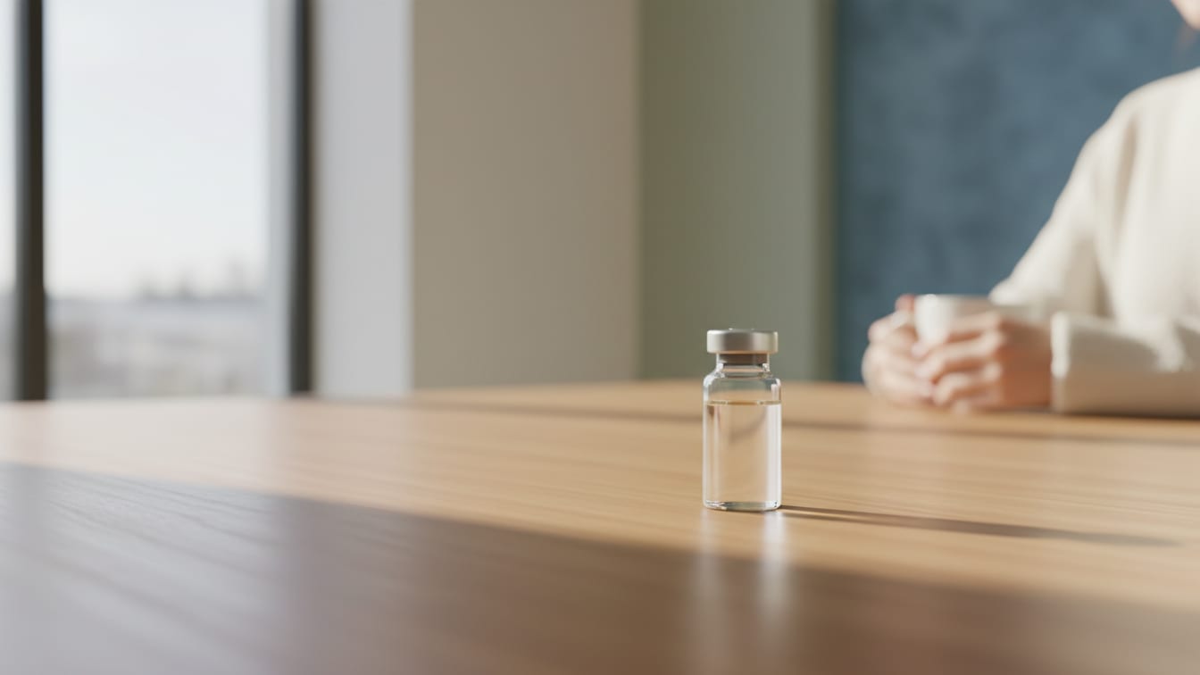 Illustration: An unbranded glass vial on a warm wooden surface in soft natural light.
