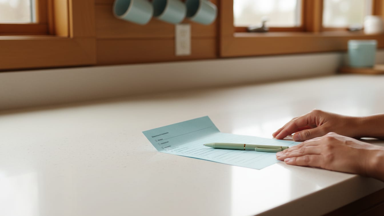 Illustration: An unbranded eligibility form and a pen on a cream kitchen counter in soft morning light.