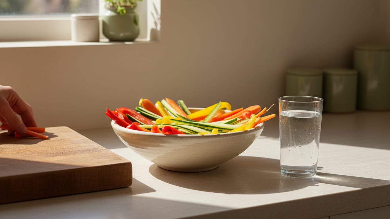 Illustration: A minimalist kitchen counter with fresh vegetables and a glass of water in soft morning light.