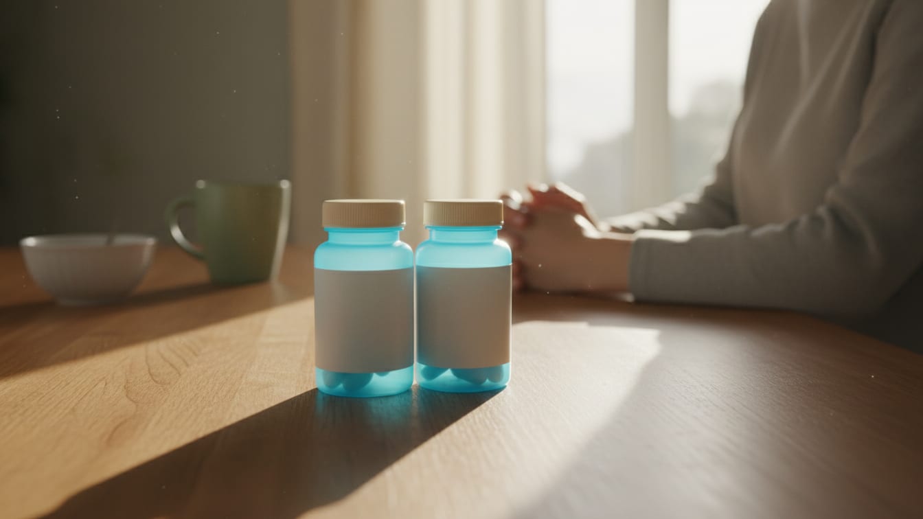 Illustration: Two identical, unbranded pill bottles on a warm wooden kitchen counter in soft morning light.