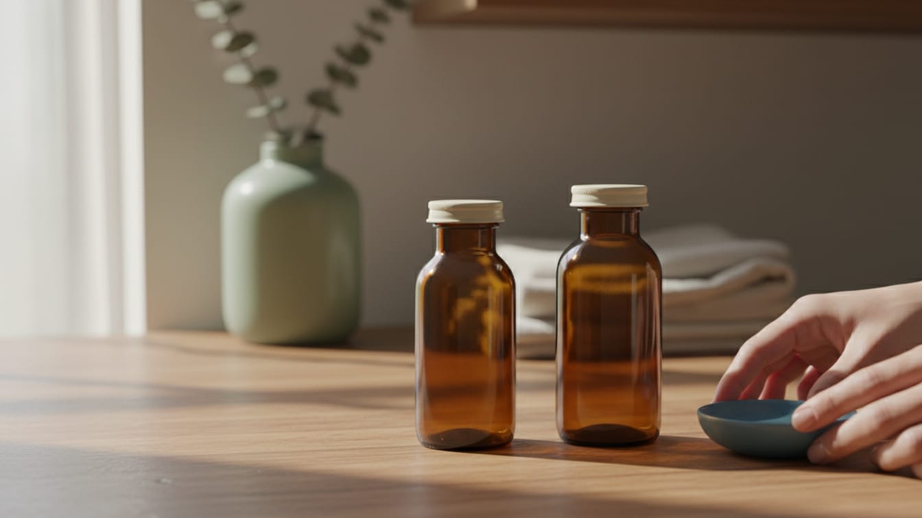 Illustration: Two unbranded prescription bottles of different heights on a warm wooden surface.