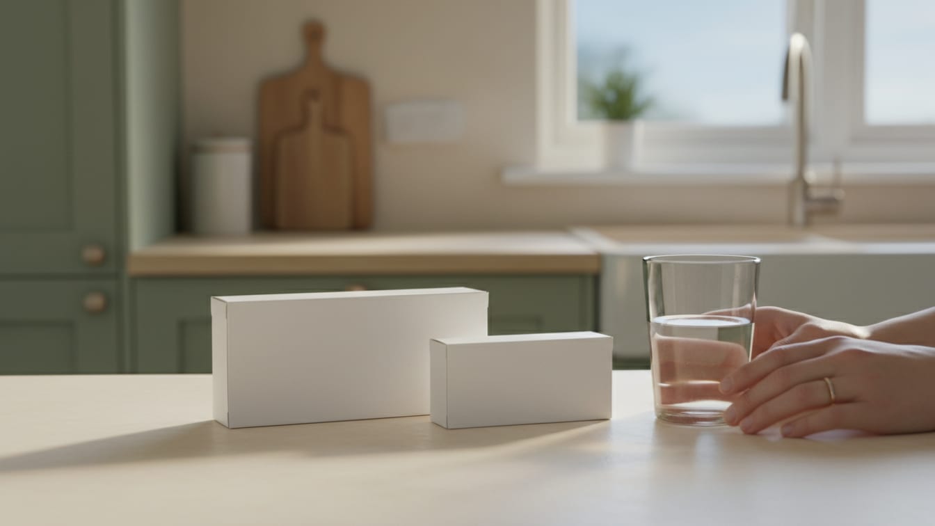 Illustration: Two identical white pharmaceutical boxes and a glass of water on a cream counter in morning light.