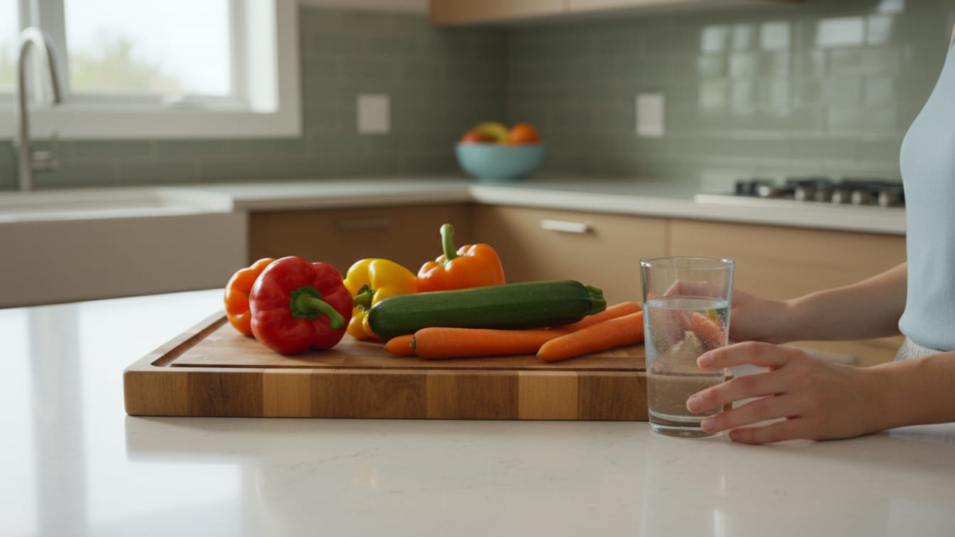 Illustration: A clean kitchen counter with fresh vegetables, a glass of water, and a wooden cutting board in soft morning.
