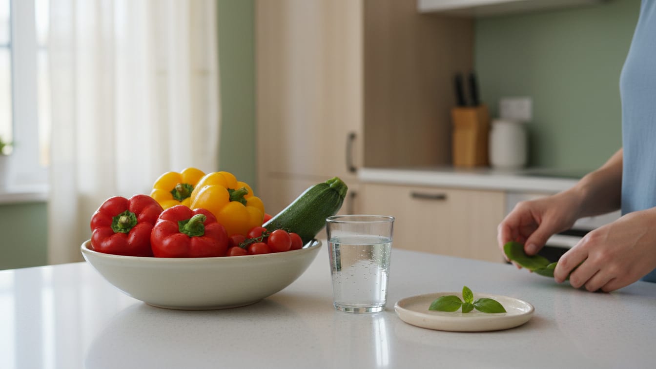 Illustration: A clean kitchen counter with fresh whole vegetables, a glass of water, and a ceramic plate, illuminated by.