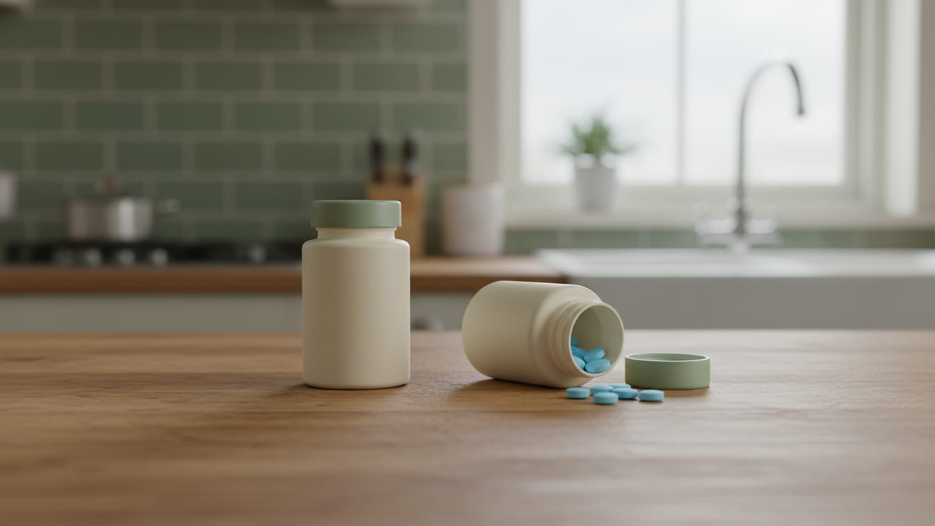 Illustration: Two identical unbranded pill bottles on a wooden surface, one slightly open, in natural light.
