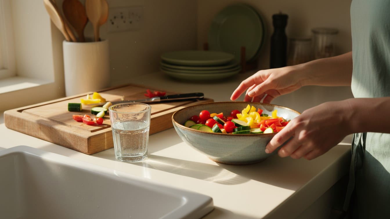 Illustration: A sunlit kitchen counter displays fresh vegetables, a glass of water, and a wooden cutting board.