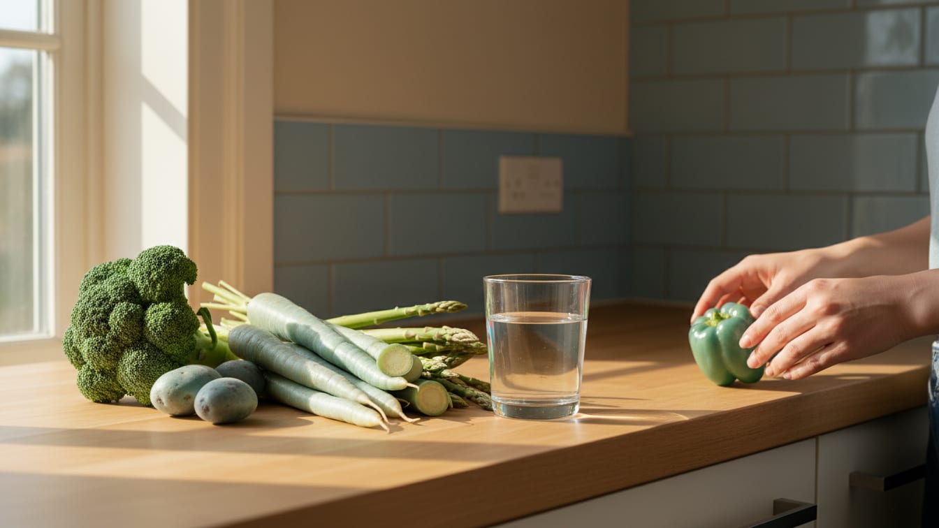 Illustration: A kitchen counter with fresh vegetables and a glass of water, illuminated by soft morning light.
