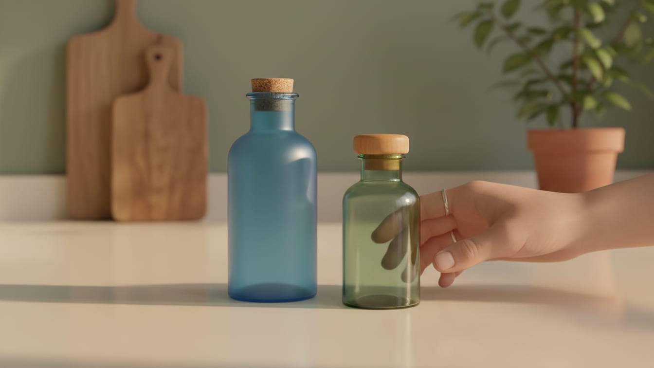 Illustration: Two unbranded medicine bottles on a cream kitchen counter in soft morning light.