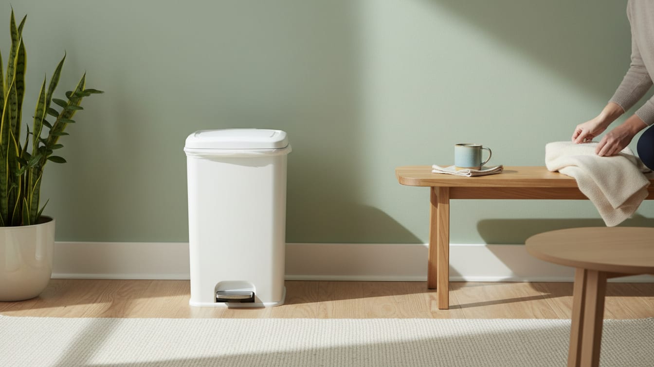 Illustration: A white medical waste bin in a calm, clinic-neutral room with a sage green wall.