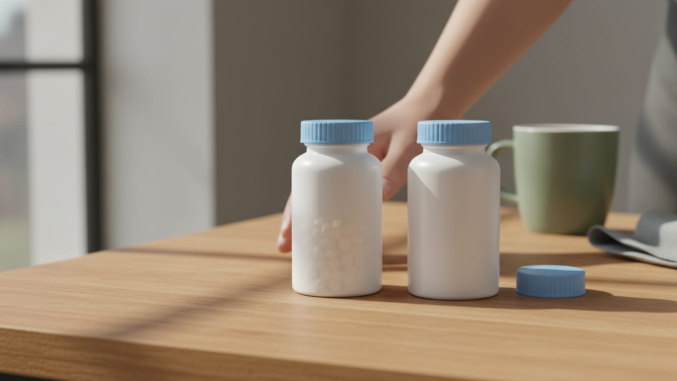 Illustration: Two identical, unbranded prescription bottles, one full and one empty, on a wooden surface.