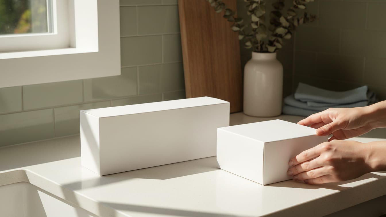 Illustration: Two unbranded white boxes of different sizes on a neutral kitchen counter, softly lit.