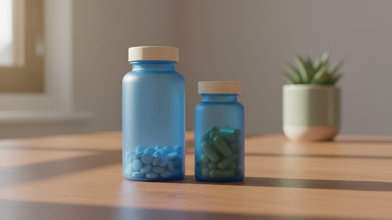 Illustration: Two unbranded pill bottles stand side-by-side on a wooden surface in natural light.