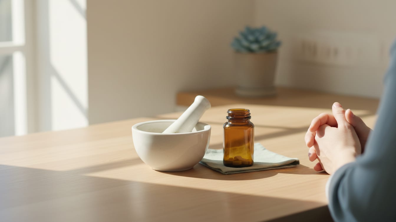 Illustration: A mortar and pestle next to an open, unbranded medicine bottle on a wooden counter.