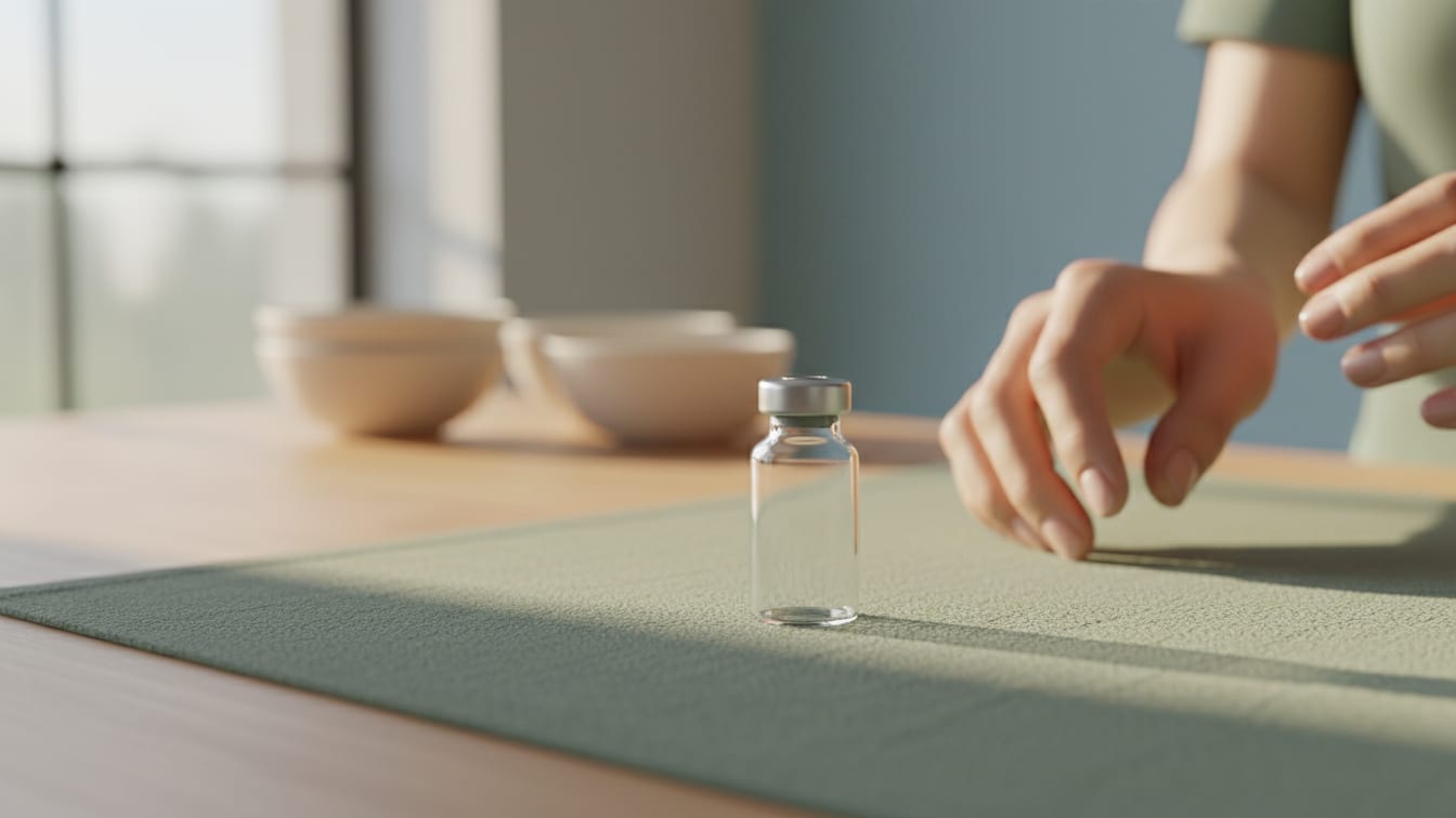 Illustration: An empty, unbranded glass vial on a sage green fabric surface in natural light.