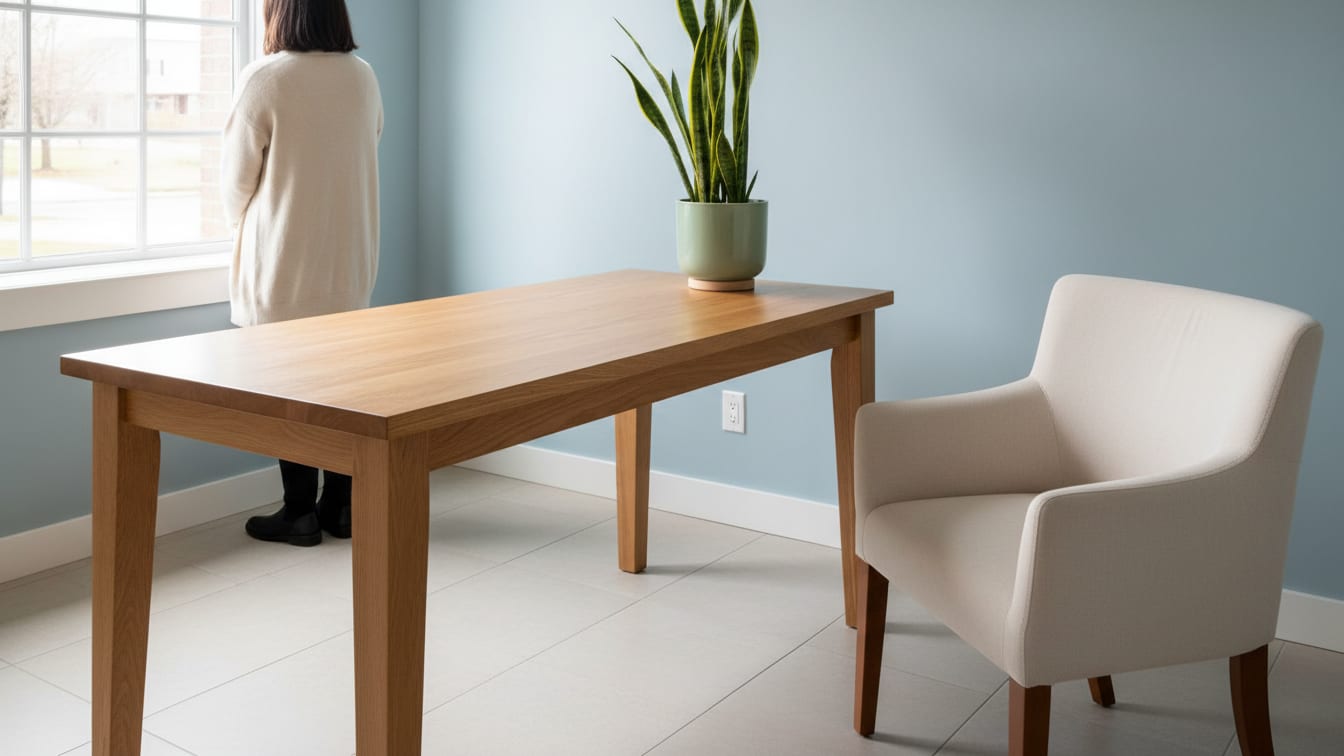 Illustration: A serene clinic consultation room with a wooden table, a plant, and a chair, lit by natural light.