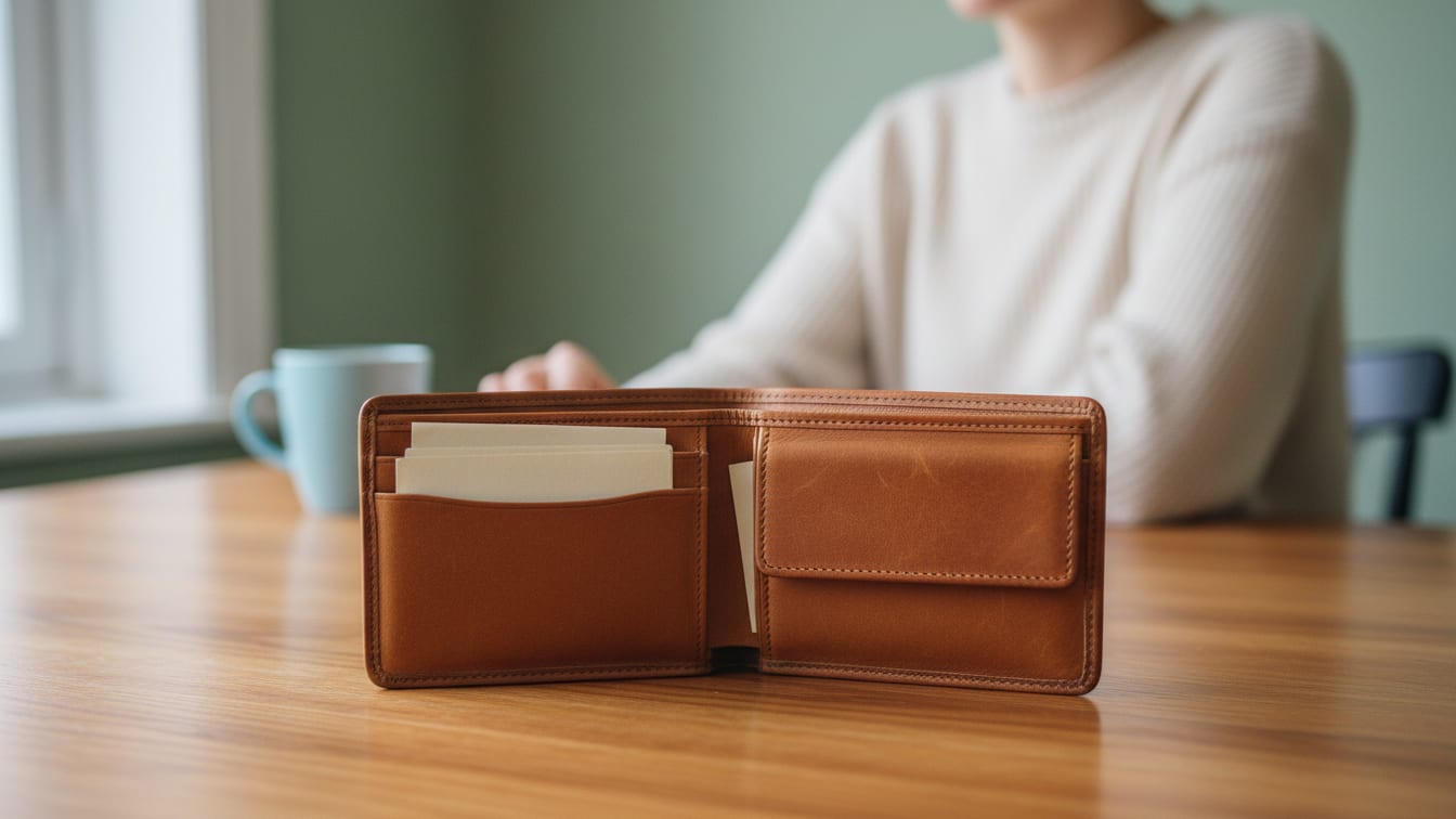 Illustration: An open leather wallet on a wooden table with plain paper slips, lit by natural light.
