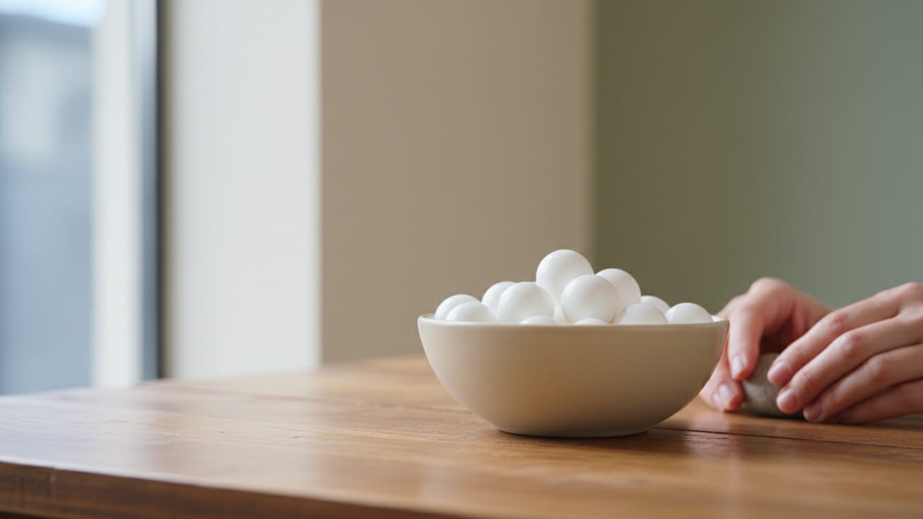 Illustration: A stack of white pills in a ceramic dish on a wooden surface, with soft light.