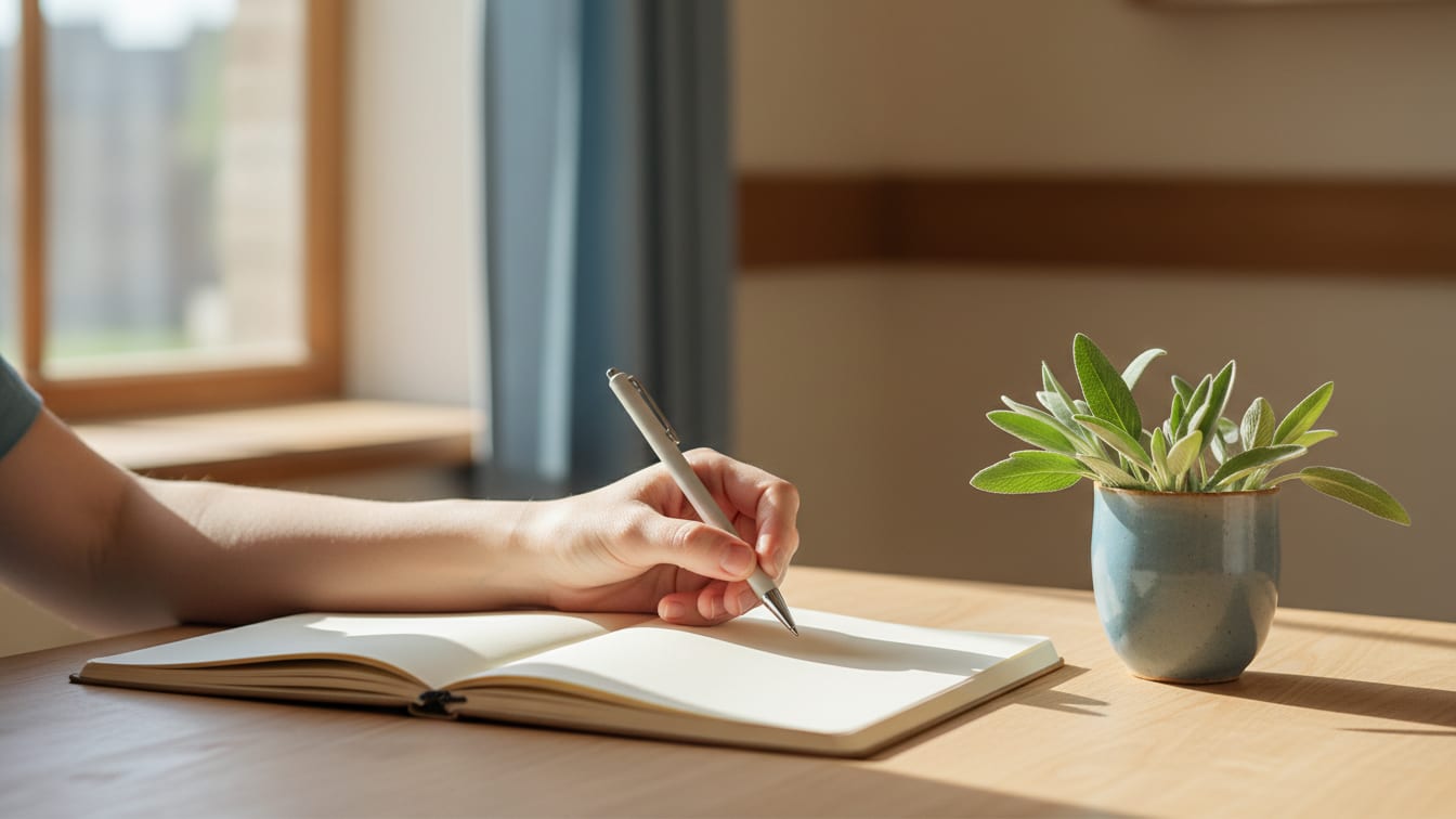 Illustration: A hand with a pen poised over a blank notebook, next to a ceramic cup with sage.