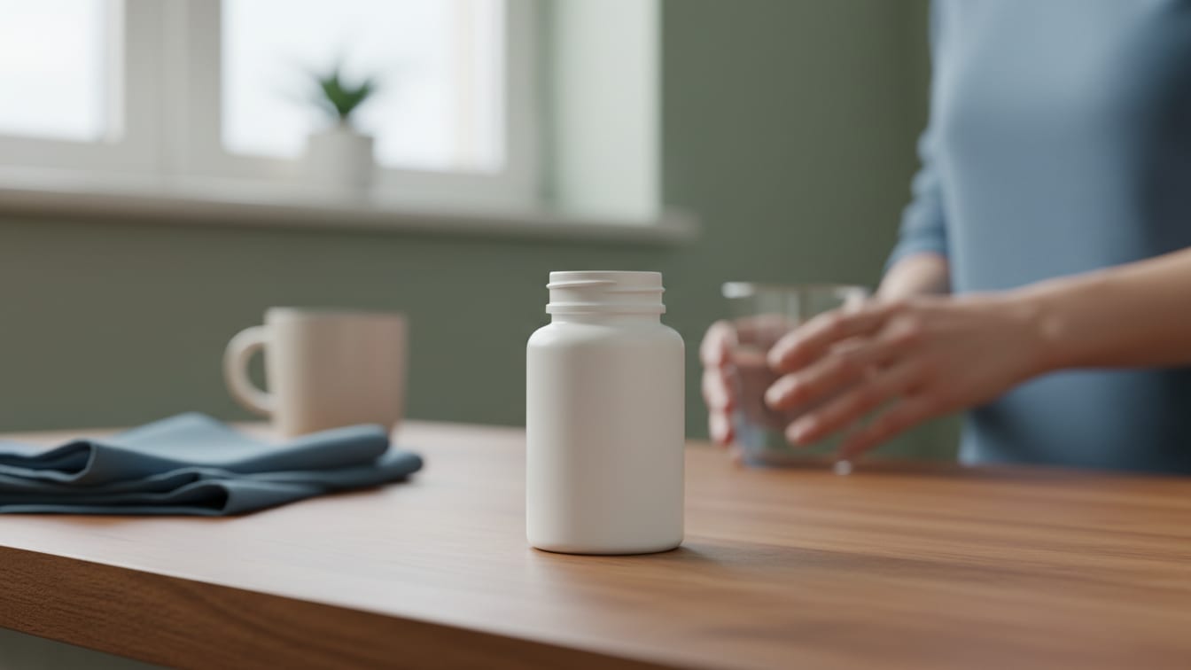 Illustration: An empty white pill bottle on a wooden countertop in natural light.