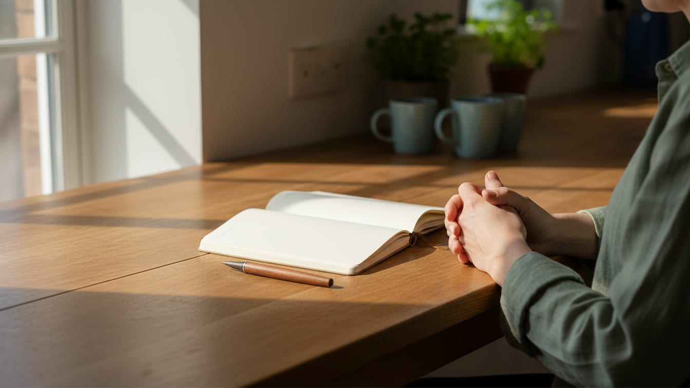 Illustration: An open notebook and pen on a wooden desk in soft light.