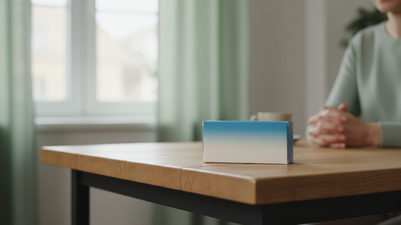Illustration: A blurred, generic pharmaceutical box rests on a warm wooden surface in soft, natural light.