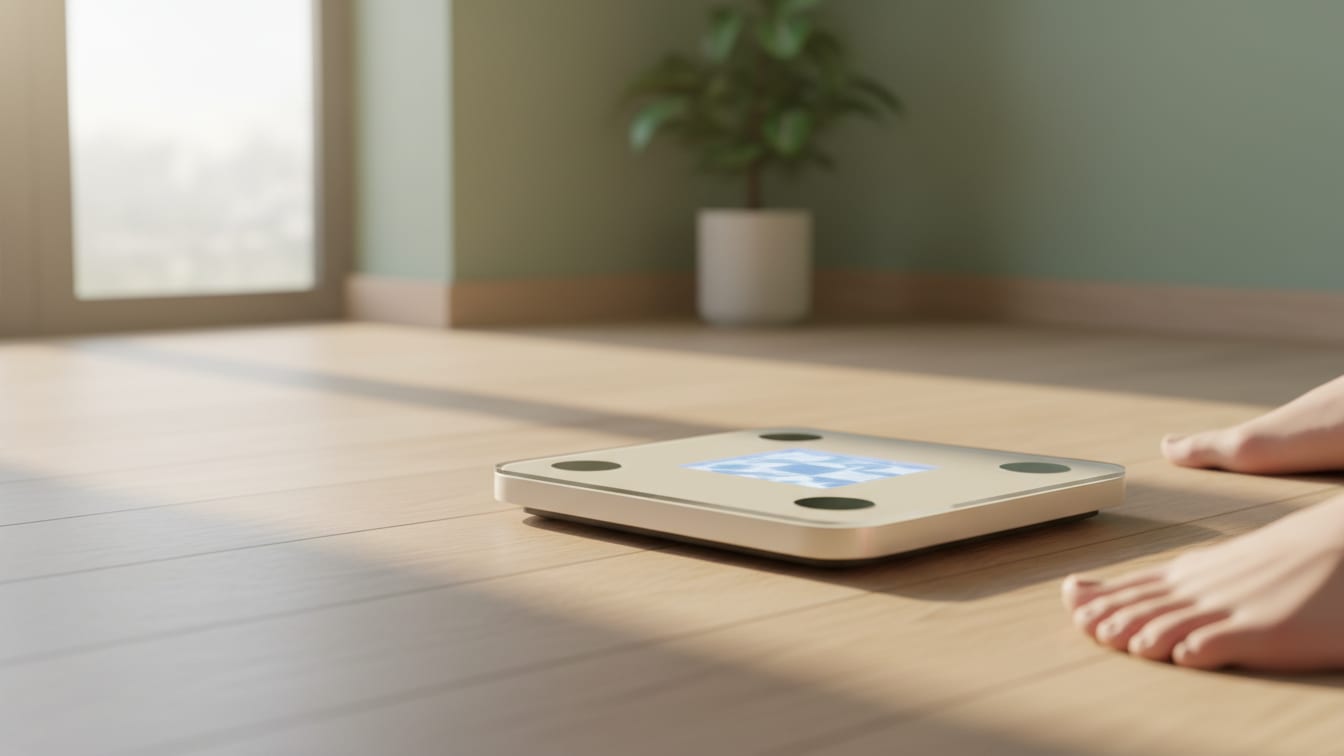 Illustration: A digital bathroom scale on a wooden floor, its display unreadable, in soft morning light.