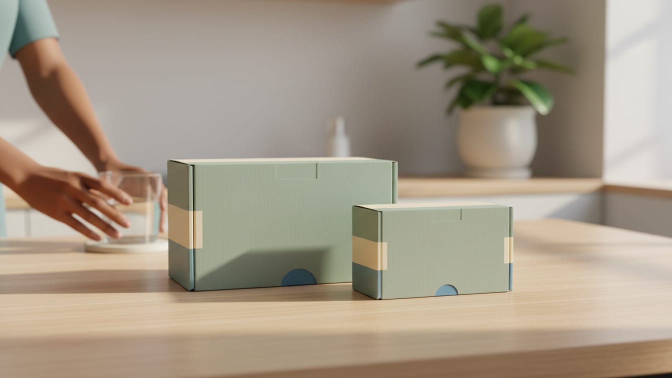 Illustration: Two generic pharmaceutical boxes, one larger than the other, on a wooden surface.