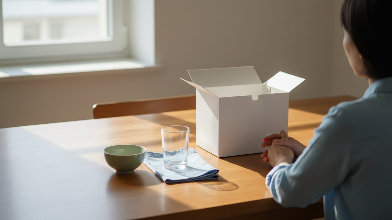 Illustration: An open white box and an empty glass of water on a wooden surface in natural light.