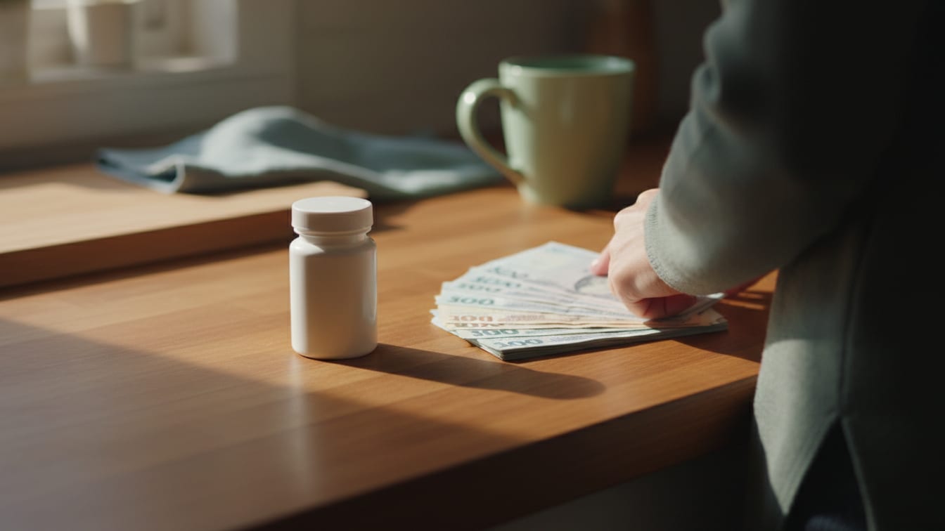 Illustration: A plain white pill bottle and a stack of paper bills on a wooden counter in morning light.