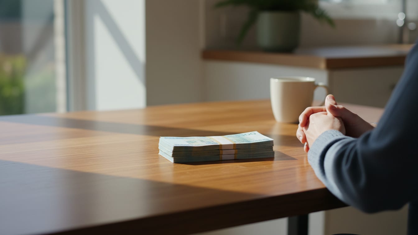 Illustration: A stack of paper currency on a wooden desk, illuminated by soft natural light.