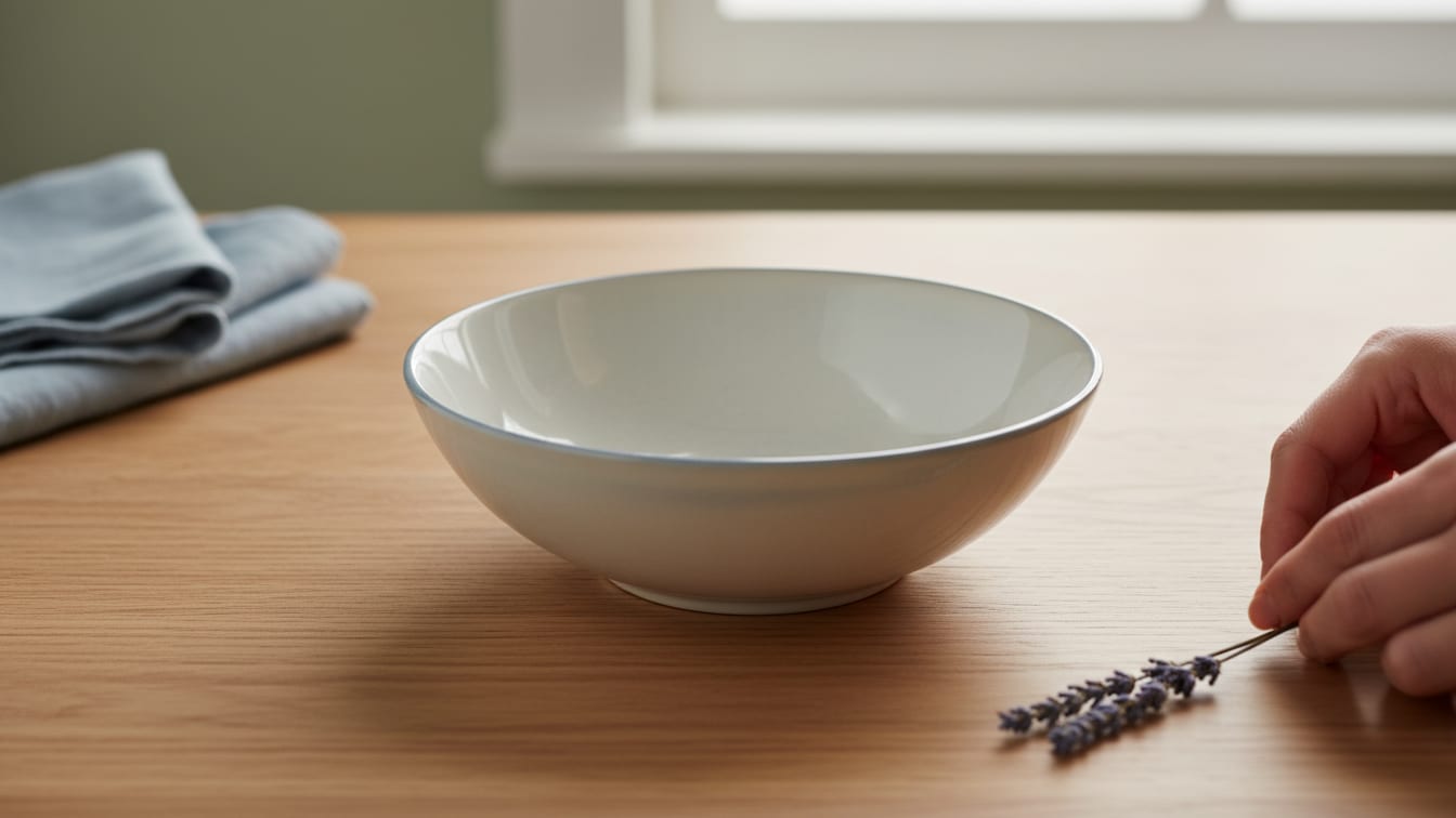 Illustration: An empty ceramic bowl on a wooden table, lit by soft morning light.
