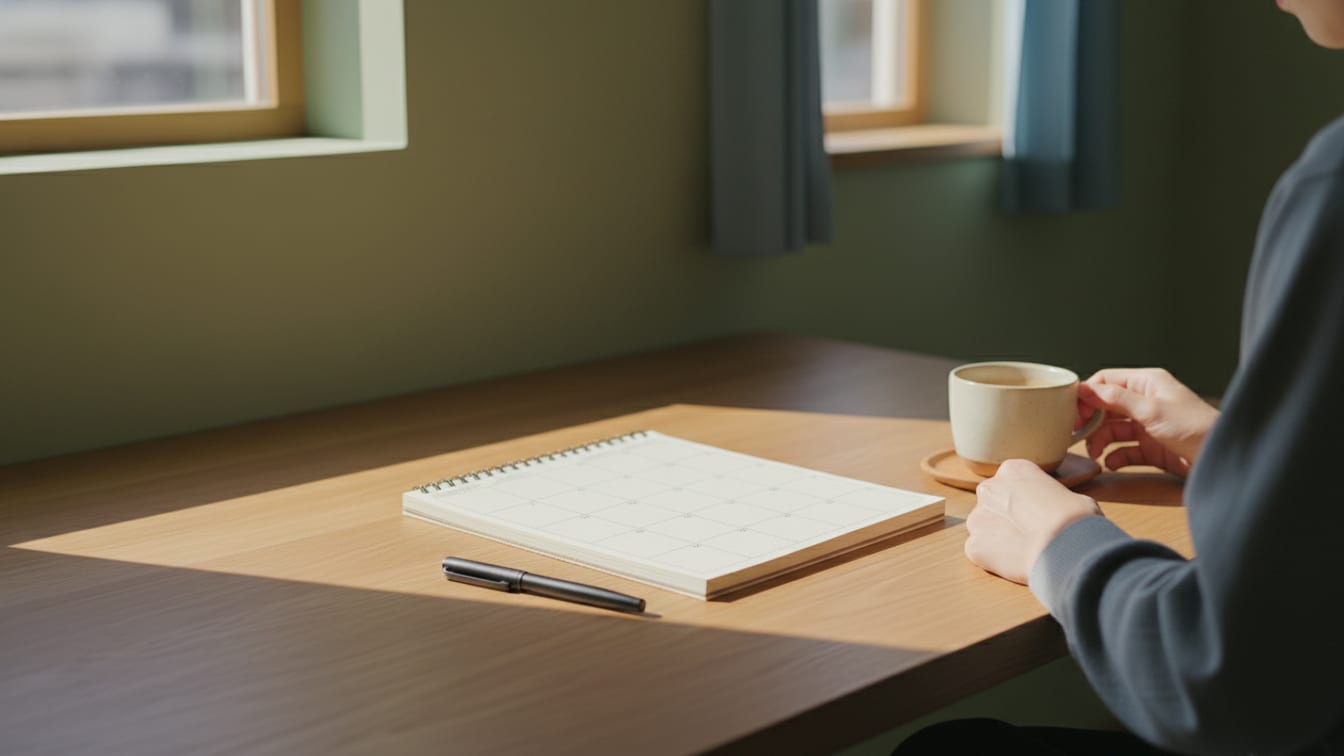 Illustration: A blank calendar and a pen on a wooden desk with soft natural light.