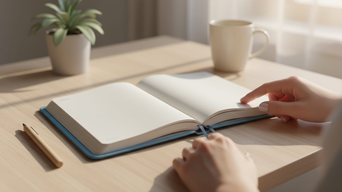 Illustration: A blank soft blue planner and a pen on a light wooden table, lit by morning light.