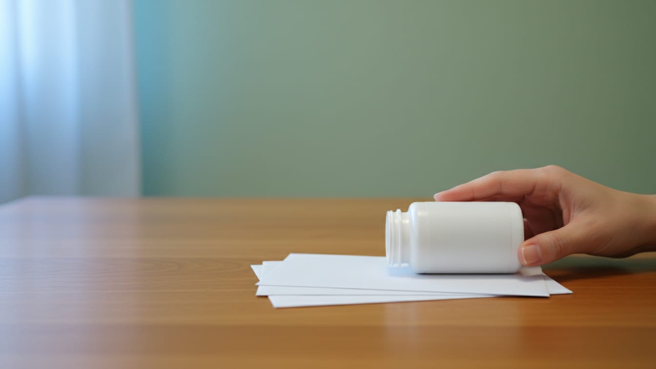 Illustration: A plain white pill bottle on a stack of white envelopes on a wooden surface.