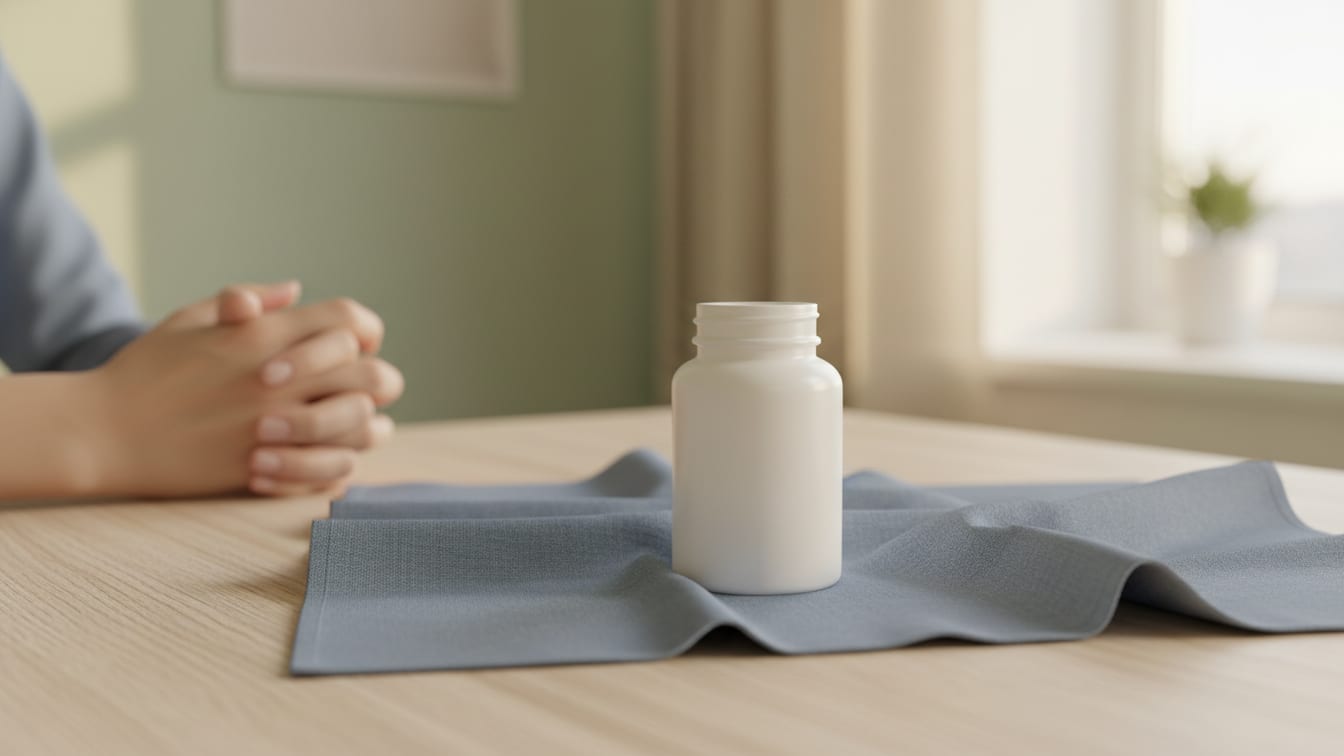 Illustration: A white medicine bottle on blue linen and a wooden surface in warm natural light.