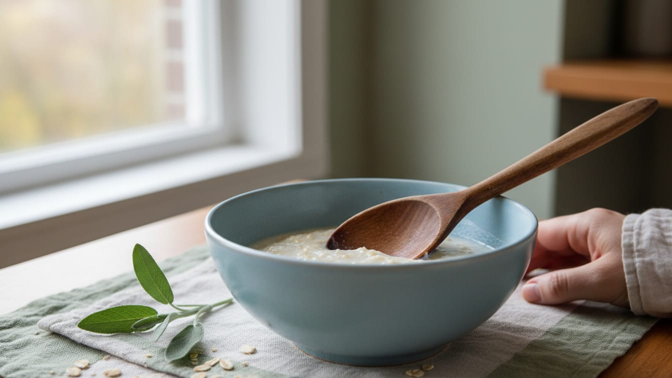 Illustration: A wooden spoon in a light blue bowl, bathed in warm, natural light.