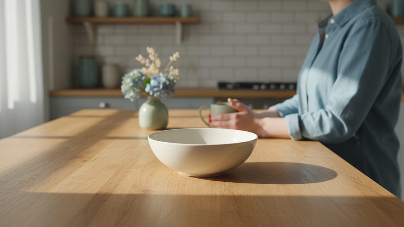 Illustration: An empty white ceramic bowl on a warm wooden kitchen counter in natural morning light.