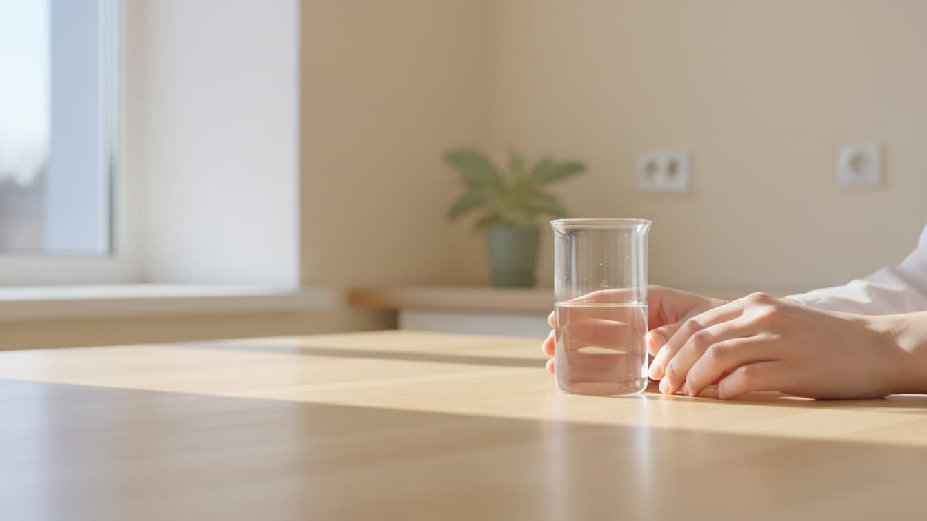 Illustration: A glass beaker with clear liquid on a wooden lab bench, bathed in soft natural light.
