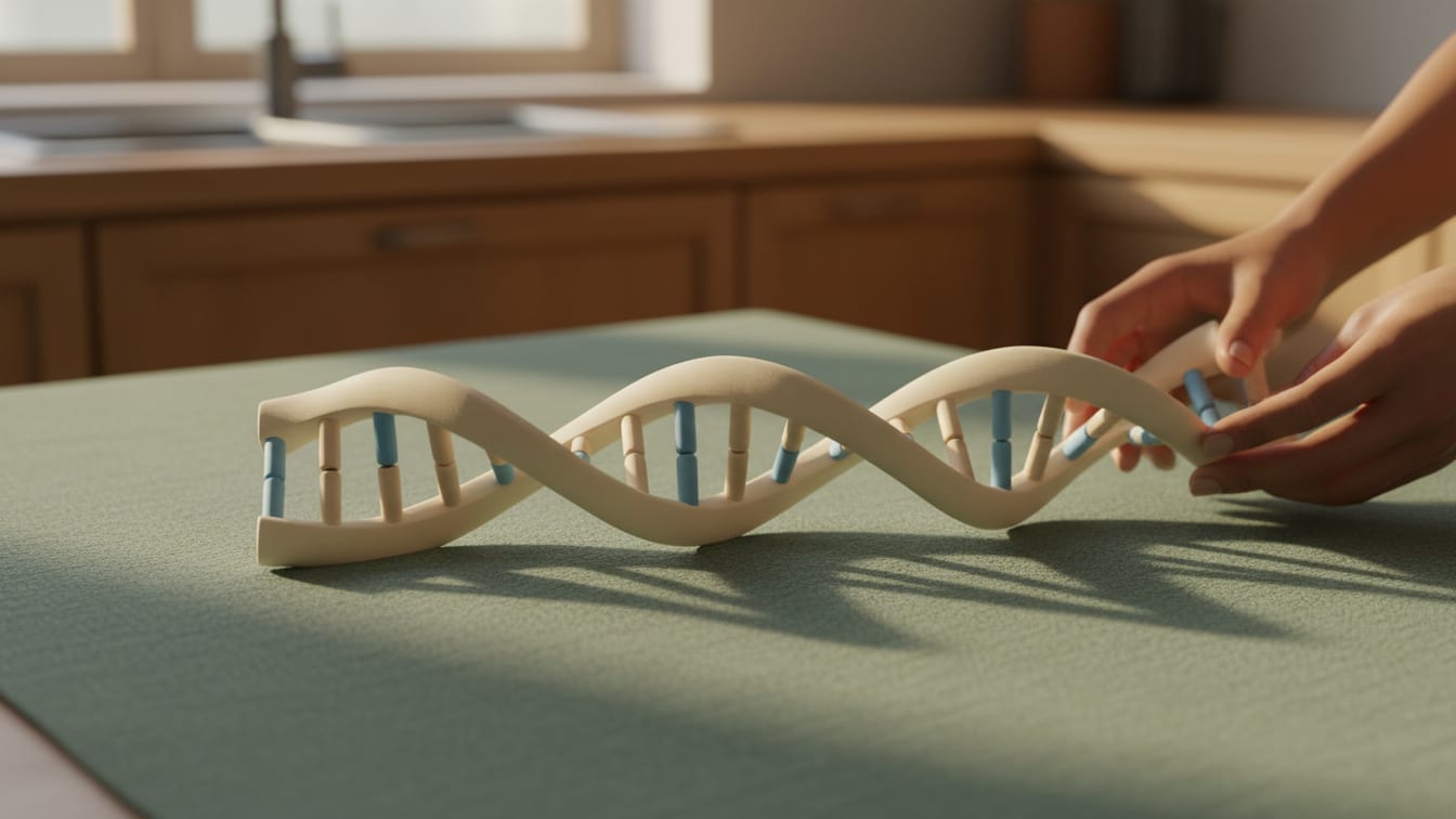 Illustration: A model of a DNA strand on sage green fabric, lit by warm natural light.