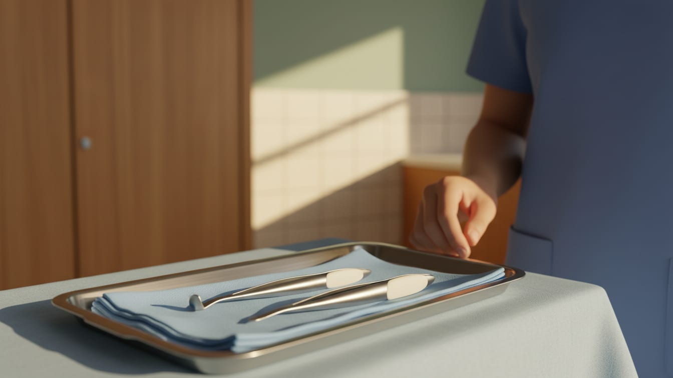 Illustration: An empty surgical tray with generic medical instruments on a soft blue cloth, naturally lit.