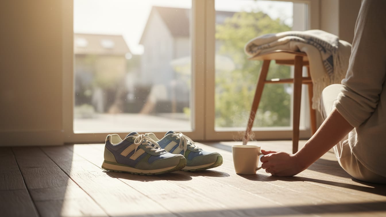 Illustration: Walking shoes on a wooden floor by a sunlit window.